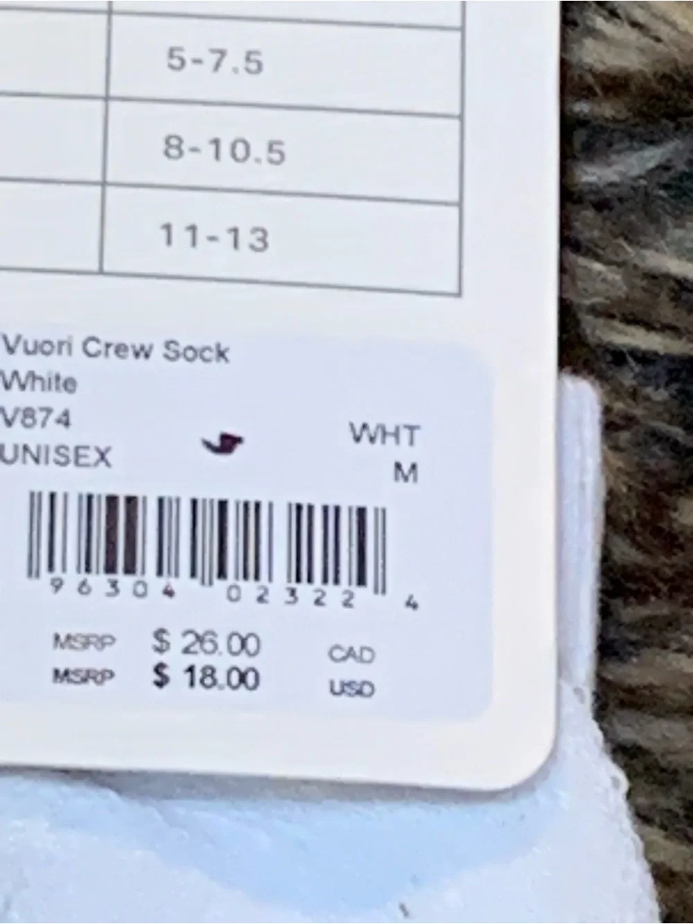 Vuori Crew Sock 2.0 M 6-8.5 W 8-10.5 White